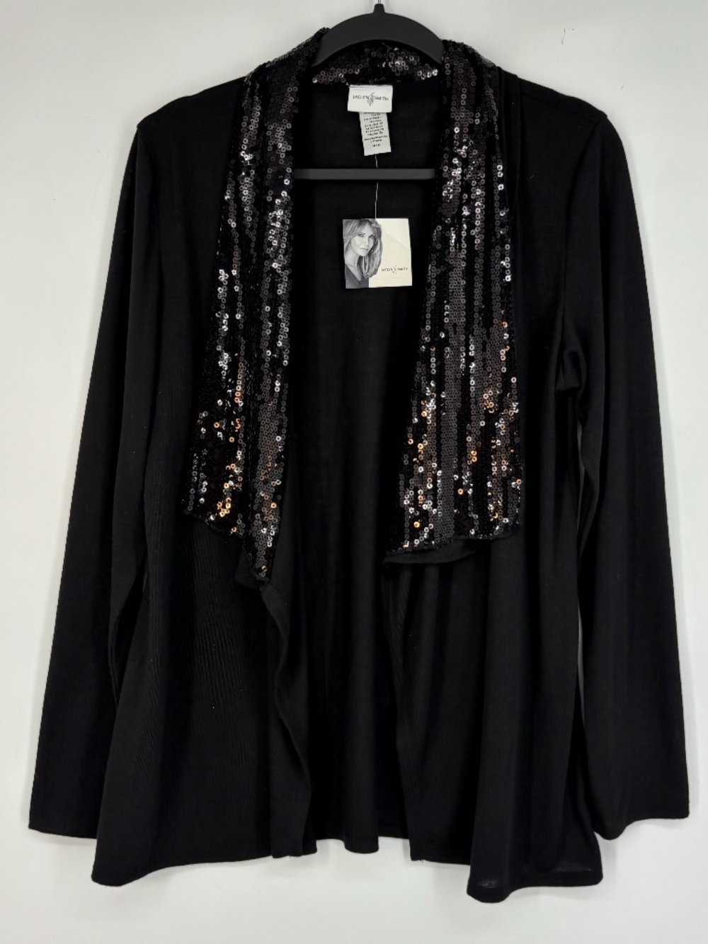 Jaclyn Smith Womens Medium Open Front Cardigan Sweater Black Fine Gauge Sequins